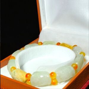 Vintage Jade carved stretching beads bracelet Lao Jie Trade size,  size 8-9"